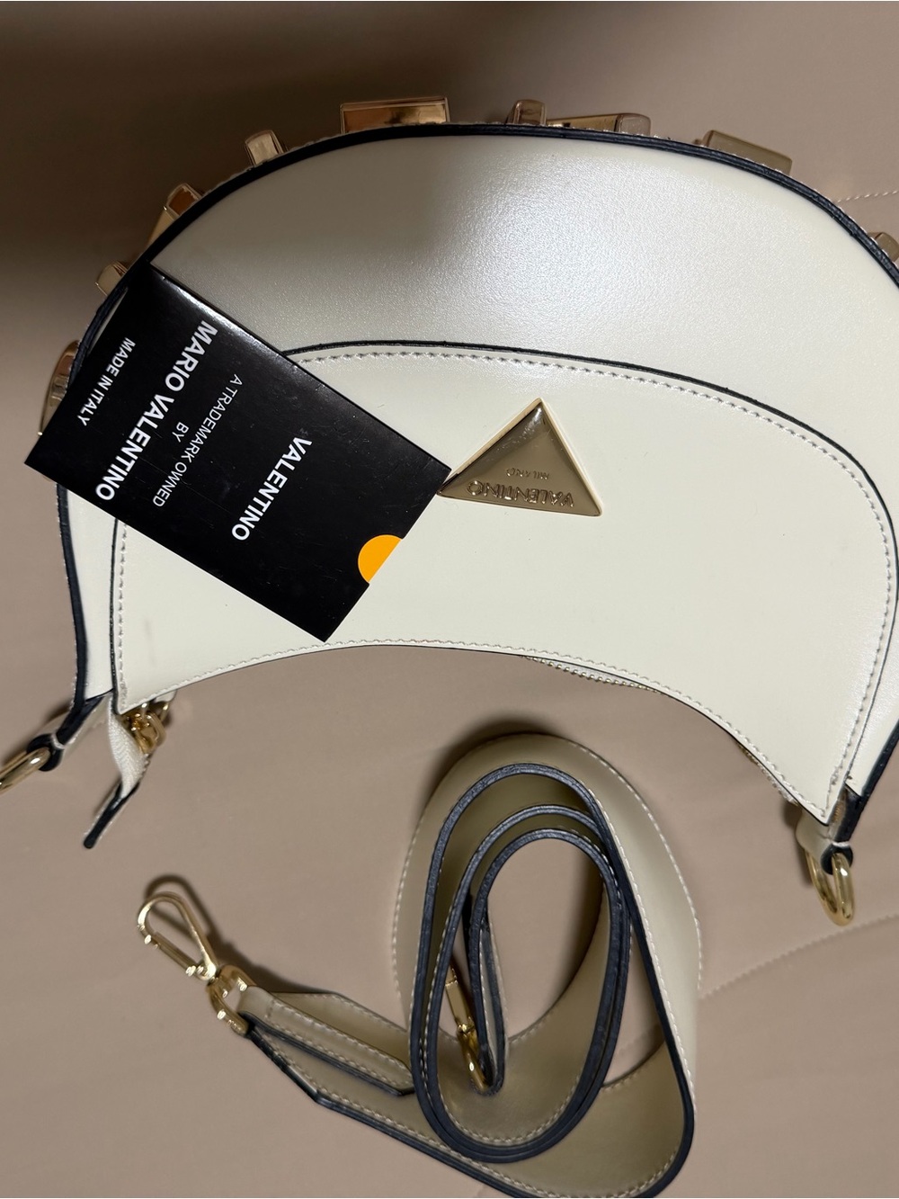 Valentino Garavani Cream Leather Crescent Crossbody with Gold Hardware